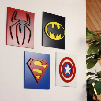 3D drevená dekorácia sada symbolov Superhrdinov (4ks)